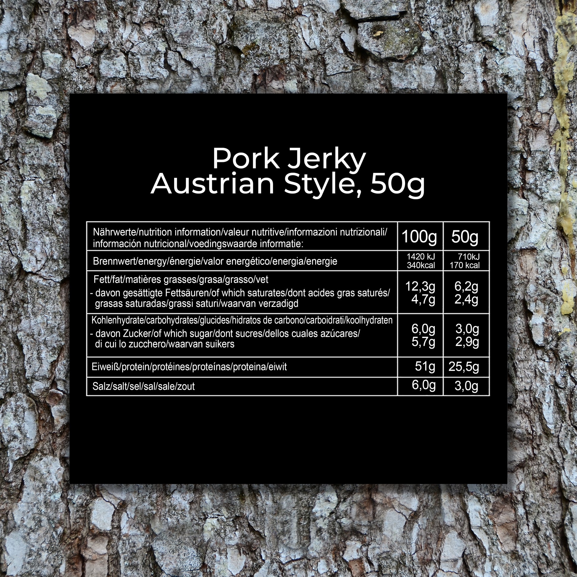 Nährwertangaben für Pork Jerky Austrian Style, 50g – Kalorien, Fett, Kohlenhydrate, Eiweiß und Salzgehalt.